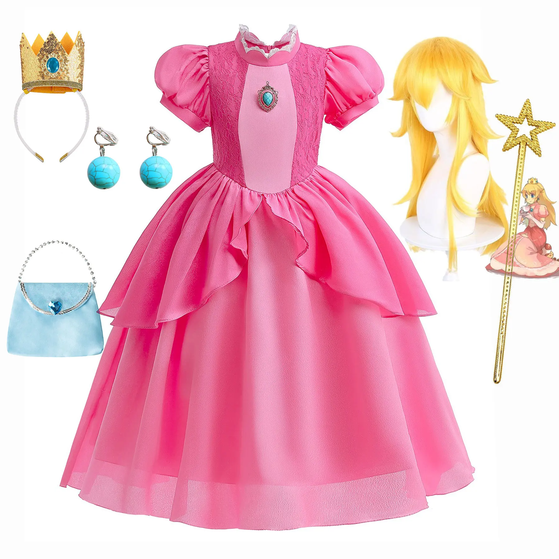 New Baby Girls Queen Peach Princess Dress Kids Cosplay Costume Children Birthday Carnival Party Outfit Stage Performance Clothes