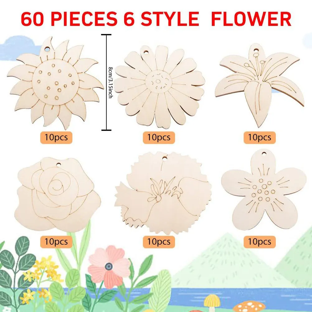1Set DIY Wooden Flower Chip Set Unfinished Flower Shape Wood Slices for Painting Craft Decoration and Home Adornments