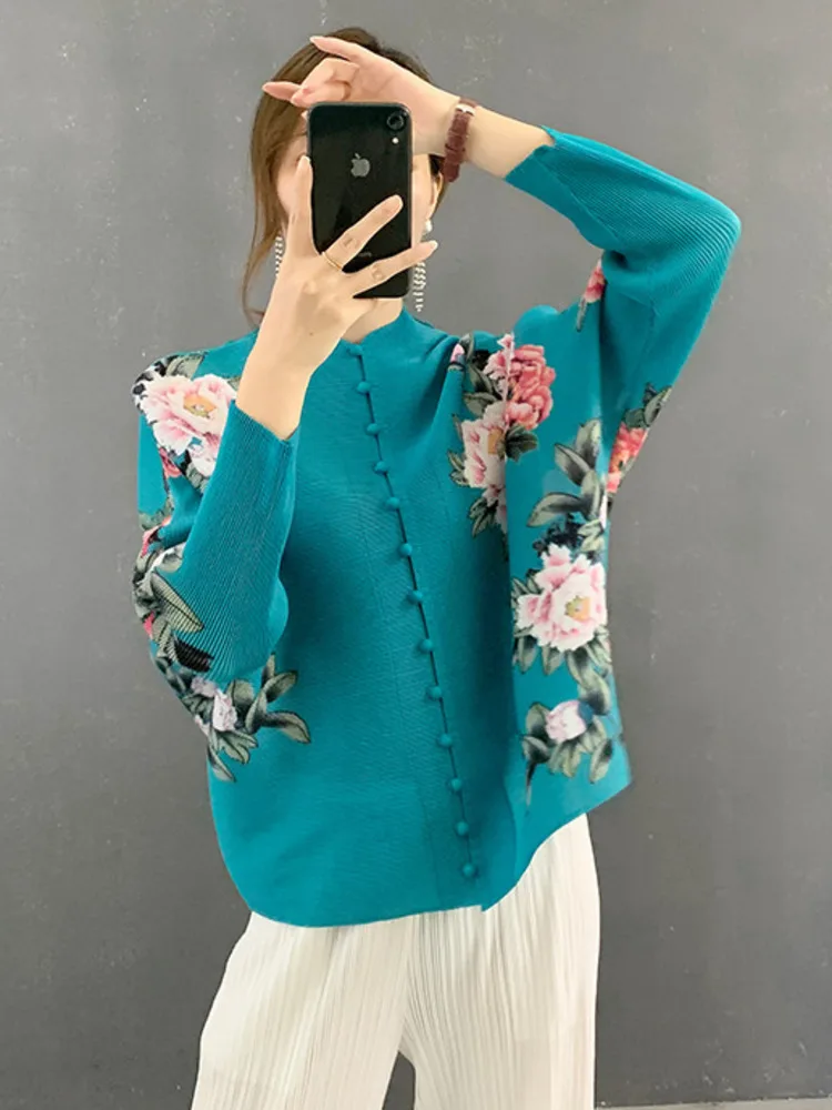 LANMREM Pleated Shirt Top 2024 Spring And Summer New Thin Single Breasted Long Sleeve Printed Shirts Women Elegant 2M246