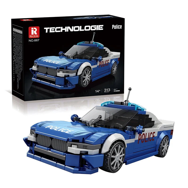 

313 шт., синий полицейский автомобиль, игрушечные строительные блоки, 1:24, модель автомобиля, кирпичи, украшение для рабочего стола, сборка головоломок, игрушки для детей, праздничные подарки
