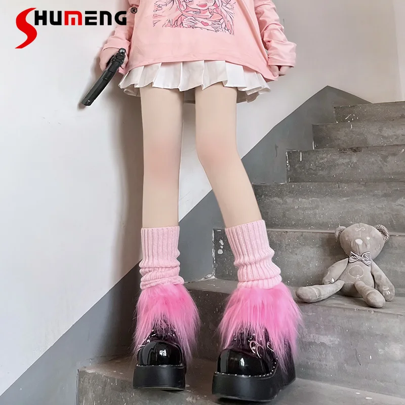 Japanese Style Asian Culture White Fur Foot Sock Women's Autumn and Winter Knitting Warm Leg Warmer Hot Girl JK Bunching Socks