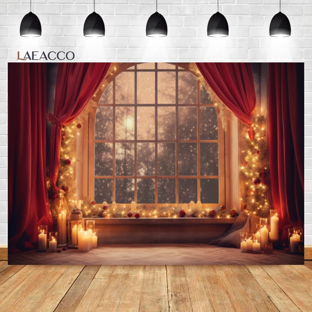 Laeacco Christmas Window Backdrop Winter Snow Scene Xmas Tree Red Curtain Gifts Kids Birthday Portrait Photography Background