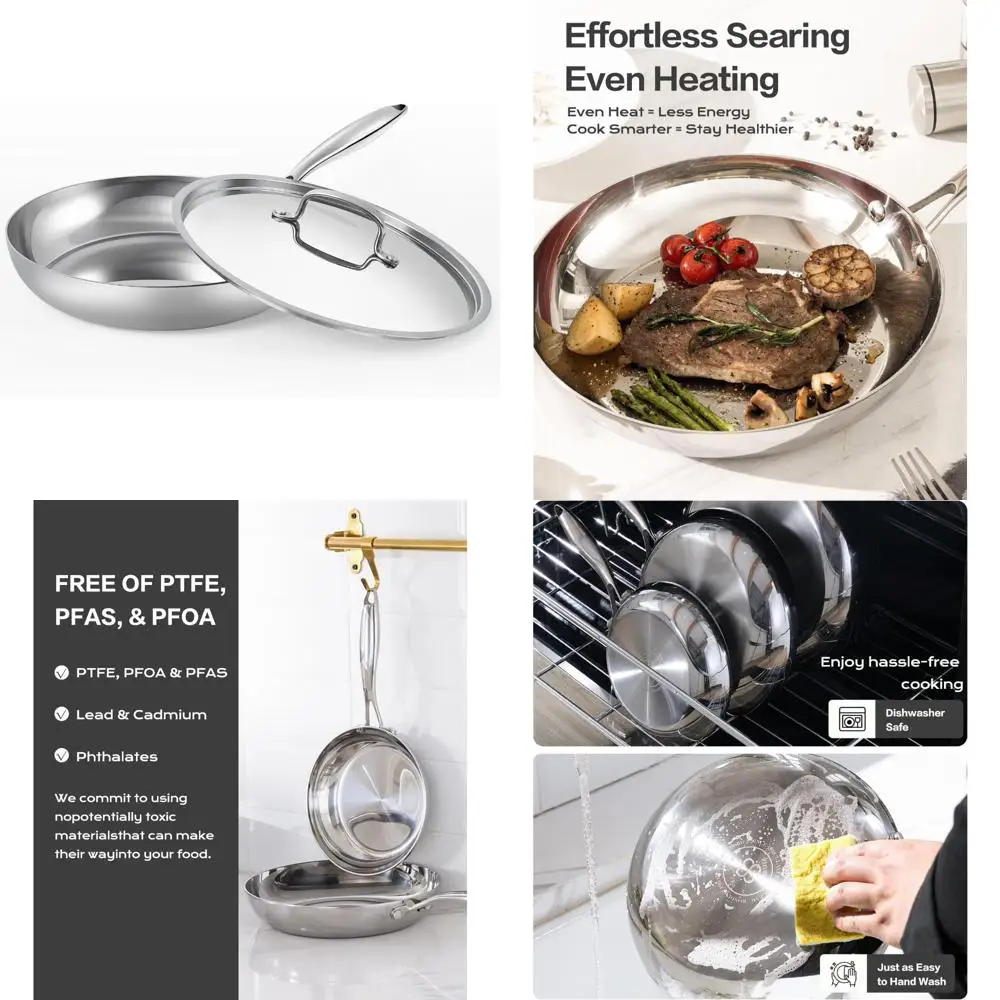 

Stainless Steel 10 Inch Frying Pan with 3 Ply Construction and Aluminum Core for Even Heat Distribution and Professional Cooking