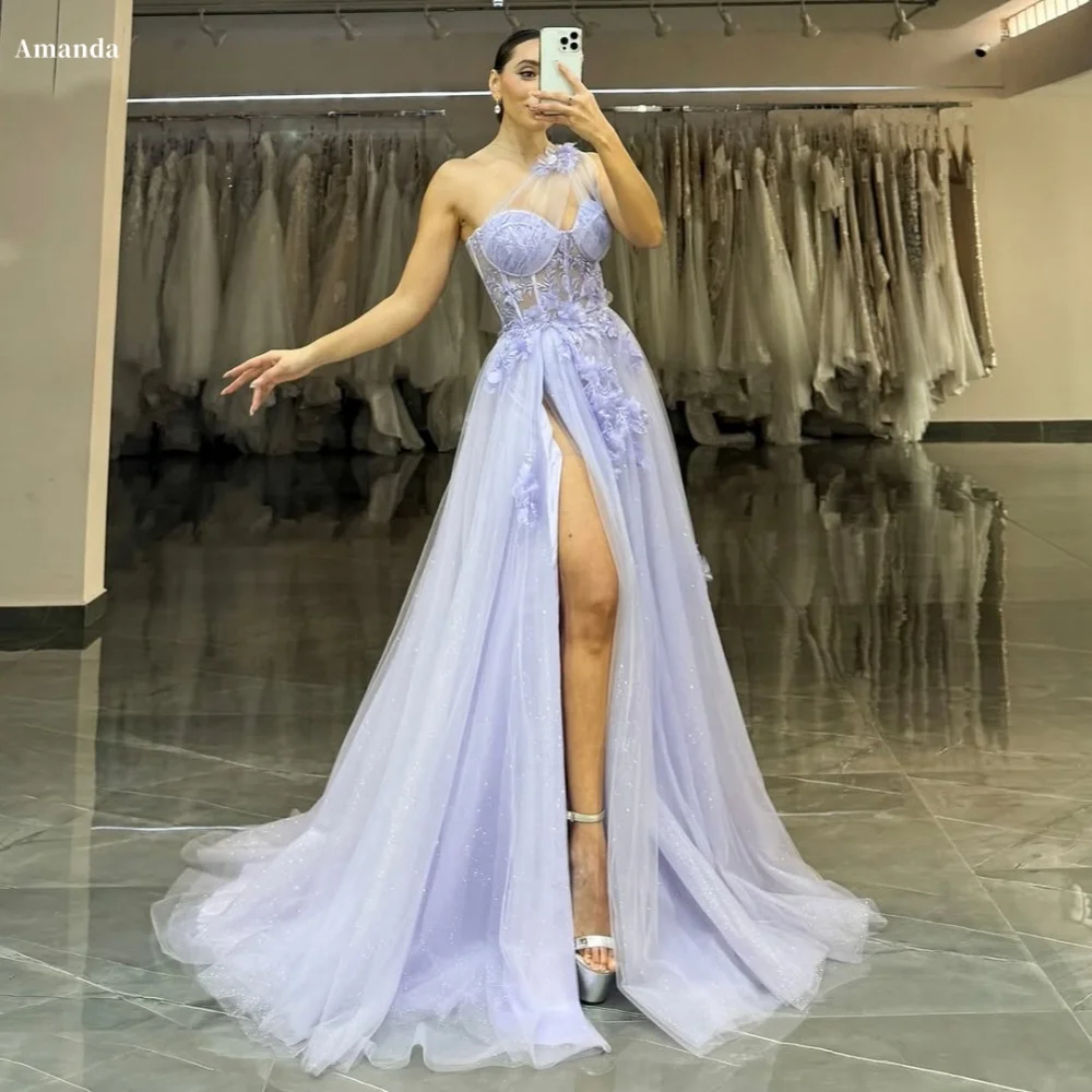 

Amanda Customized Slanted Shoulders Flowers Embroidery robes de soirée Mesh Fabric Party Dresses Side Slit Sleeveless Prom Dress