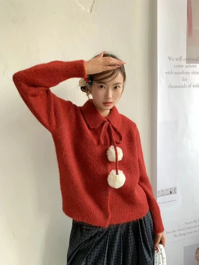 

Cisas Sle Vintage Doll Collar Knitted Open Cardigan Red Loose Sweater Outerwear for New Year Lazy Autumn Winter Women's...