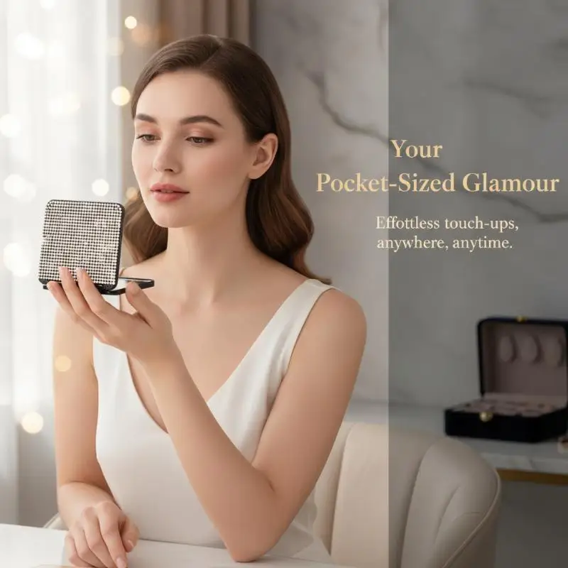 Rhinestone Compact Makeup Mirror Double Sided Foldable Portable HD Reflection for Daily Makeup Touch Up Travel Gift
