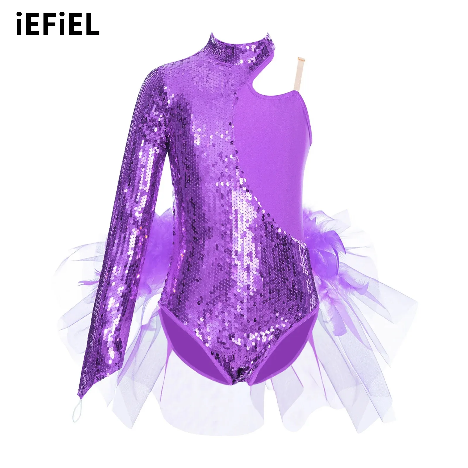 

Kids Girls Dance Leotard Tulle Skirted Sparkly Sequins Feather Leotard Asymmetrical Shoulder Long Sleeve Mock Neck Bodysuit