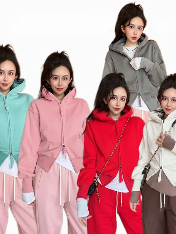 

Зимняя толстовка с капюшоном Thiened Fce Lined Long Sve, женская повседневная спортивная куртка, корейский топ, стандартный крой, застежка-молния