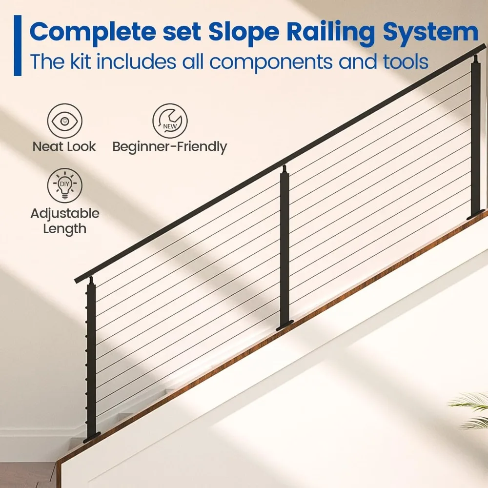 Muzata 3-6.6ft Adjustable Black Cable Railing System for Sloped Areas with 36 Post and Handrail