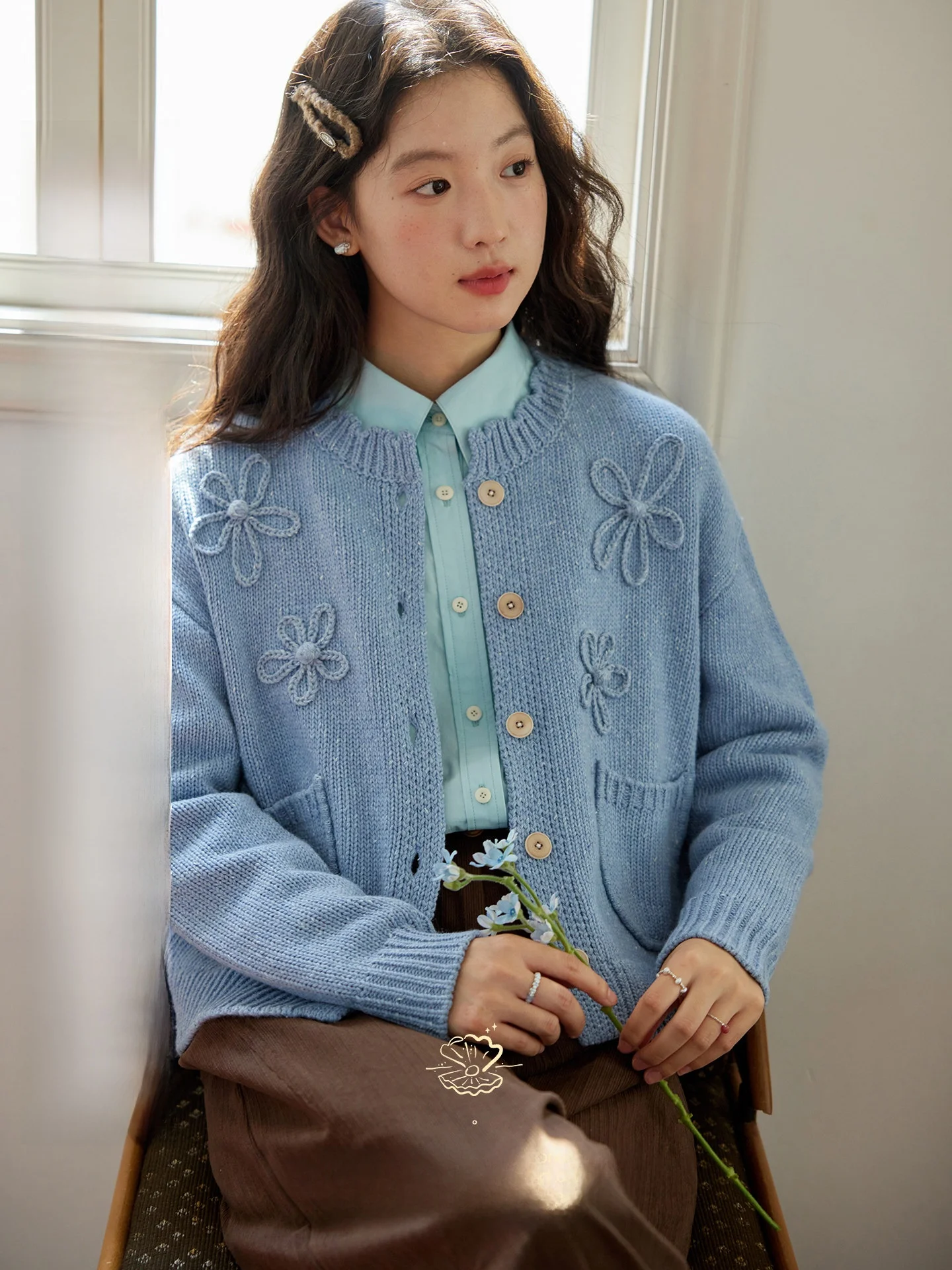 

Вязаный кардиган Nov Et ручной работы с длинными рукавами и круглым вырезом, асимметричной декоративной вышивкой, больших размеров, осенне-зимний трикотаж