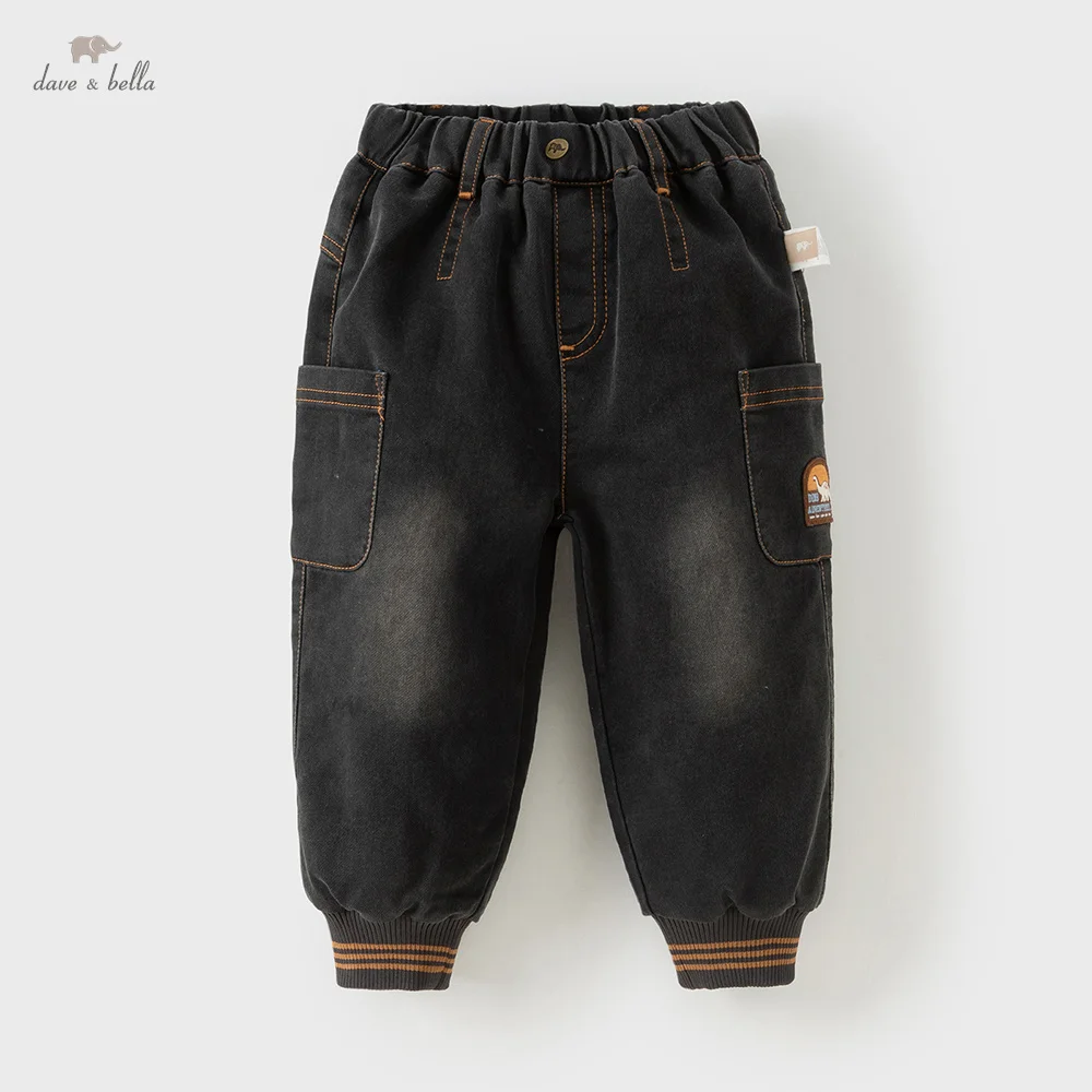 Dave Bella Children's Charcoal Black Pants Winter Boys' Thick Warm Soft Cotton Pants Baby Jeans Leg Tights Outerwear DB4254484