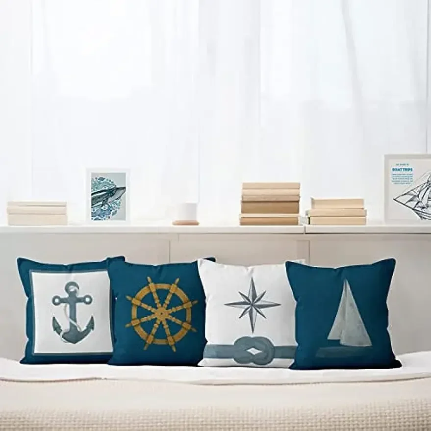 Pillowcase 40x40cm, Boat Anchor Design, Sofa, Sailing Boat, Decoration, Cushion Cover, Washable, Short Plush Pillowcase