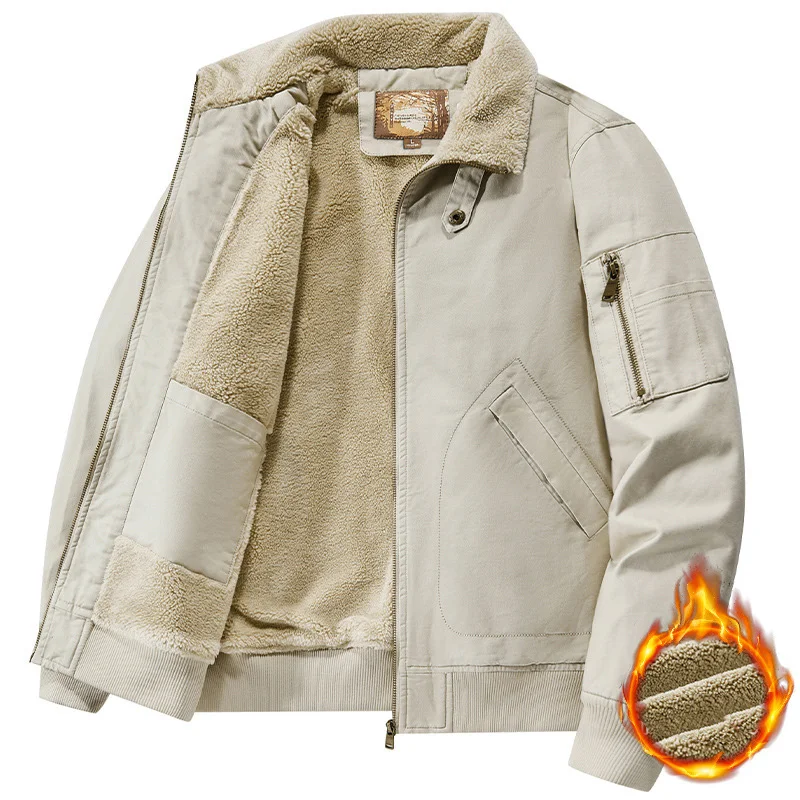 

Autumn Winter Men Cargo Coat Vintage Thicken Turn Down Collar Male Outerwear Long Sleeve Zipper Versatile Man Plush Jakcet