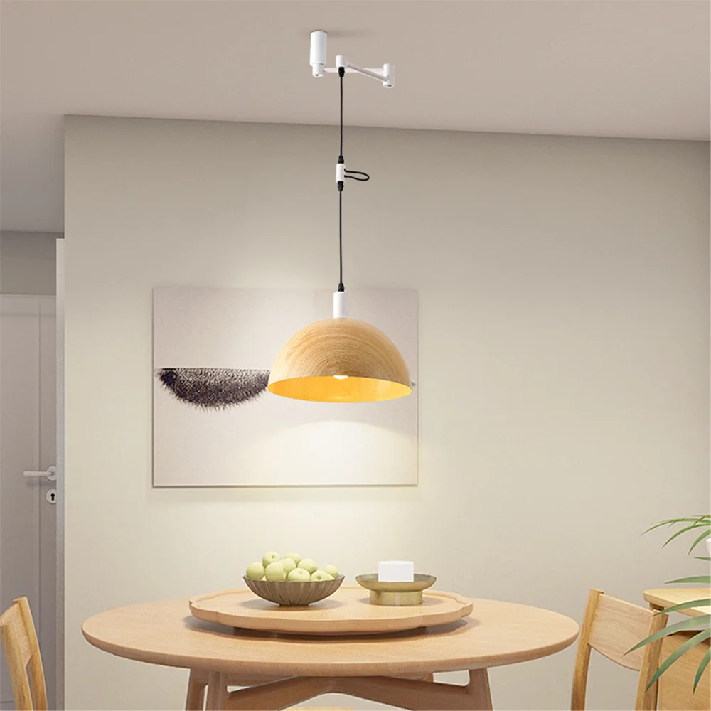 Shiftable Swing Arm Wood Color Metal Led Pendant Lights Dining Room Table Kitchen Cafe Bar Hanging Lamp Home Decoration Fixtures