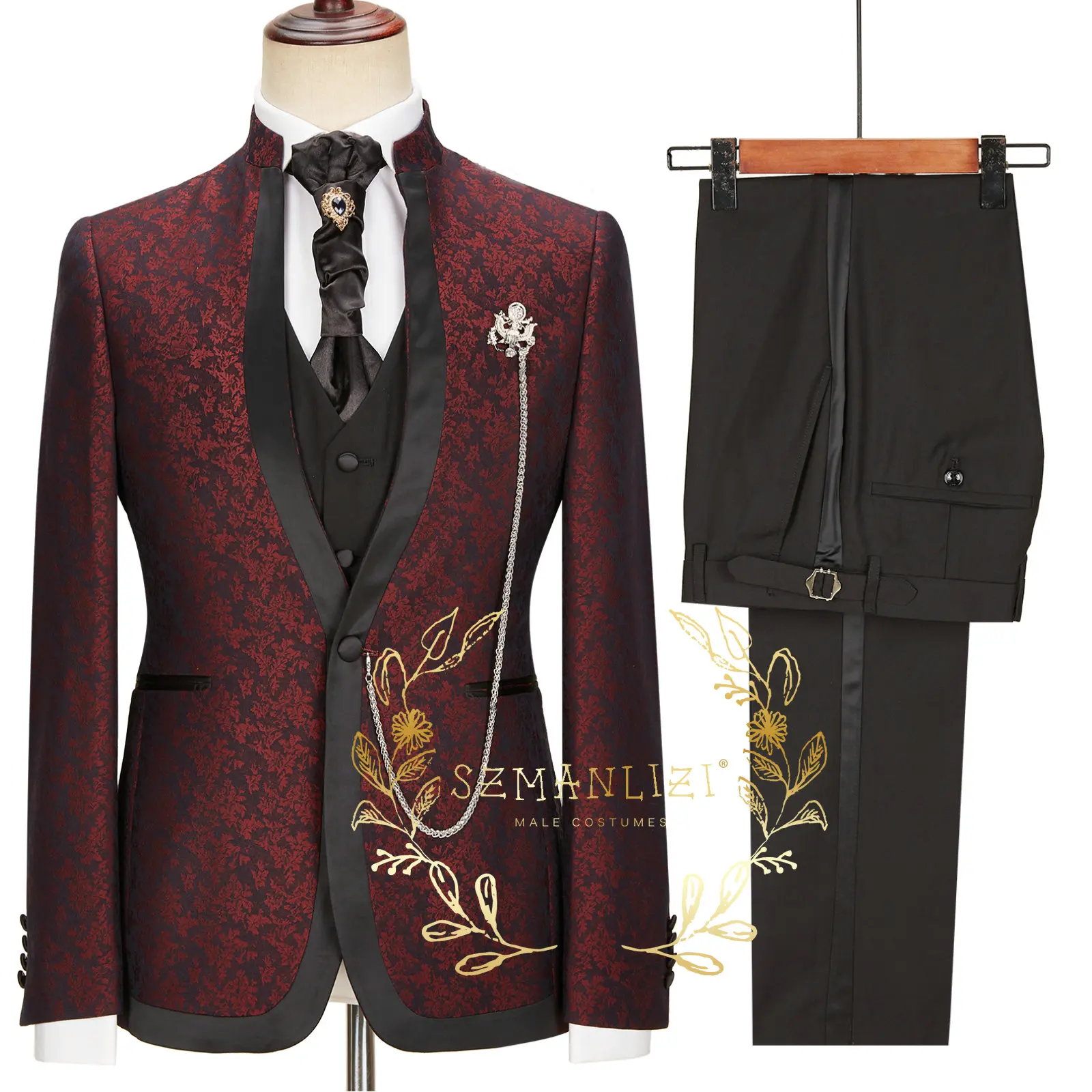 

2023 Latest Designs Burgundy Floral Men Suit Stand Collar Mens Wedding Suits Formal Groom Party Tuxedo Costume Homme 3 Pieces