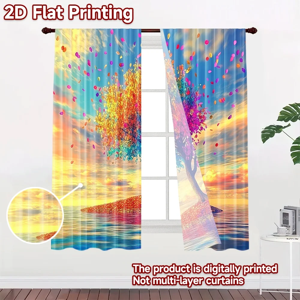 2D flat printing 2pcs Party Curtain Colorful Tree Island Digital Printed Polyester Drapes Family Party Decoration Use for All