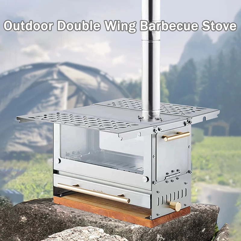 Outdoor Wood Stove Twin Wings Tabletop Stainless Steel Folding Wood Stove Portable Folding Stovesmoke Tube Camping Picnic Cooker