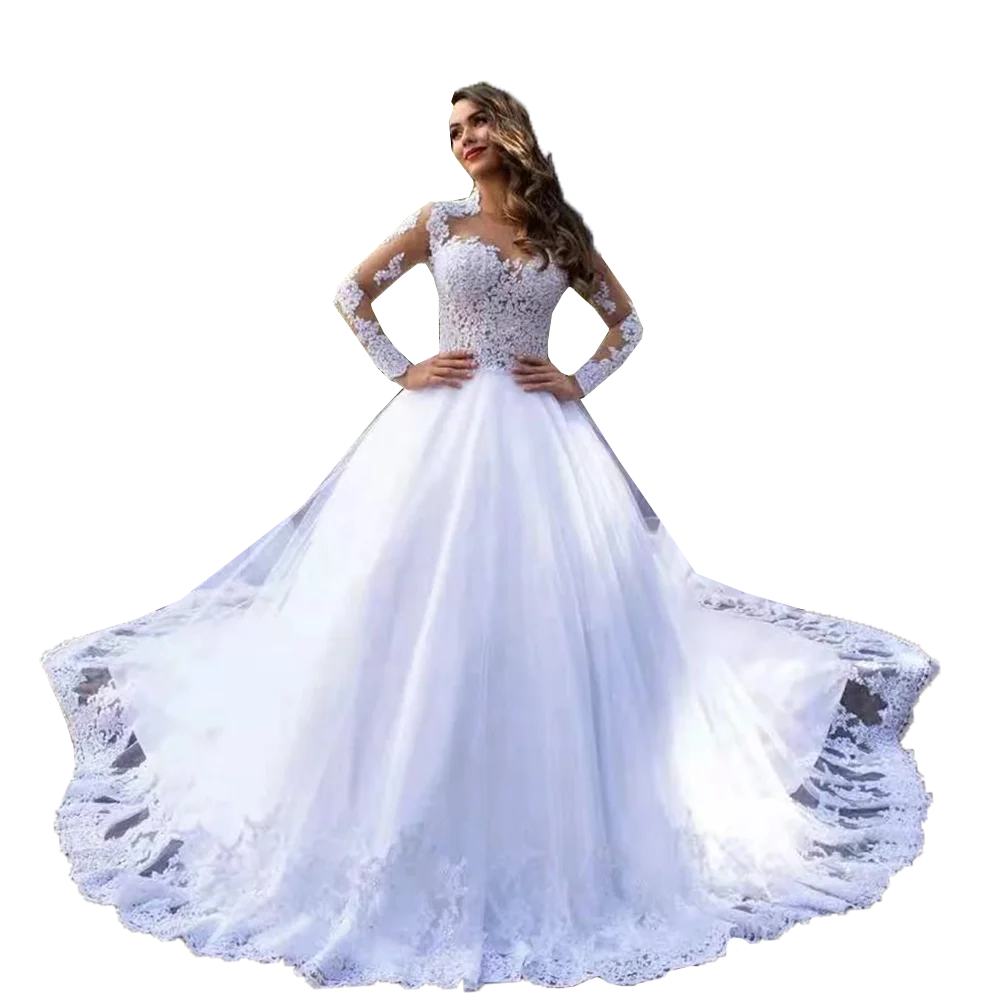 

Elegant Lace A Line Wedding Dresses Sparkly Sequins Tulle O Neck Appliques Beaded Bridal Gowns Customized Bride Party Clothing