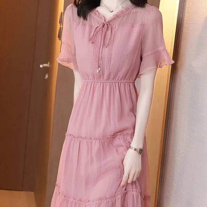 Casual Solid Color Chiffon Midi Dress Women's Clothing Summer New A-Line Fashion Ruffles Patchwork Korean Drawstring Bow Dresses