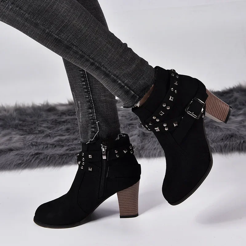 Autumn Winter Women Boots zipper rivet  suede women winter boots cotton ankle  women\'s shoes Round Toe Shoes 2024