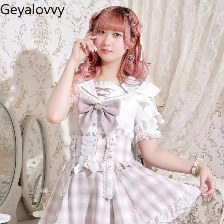 일본 여름 로리타 새로운 광산 다목적 레이스 보우 귀여운 소녀 탑 스위트 네이비 칼라 반팔 셔츠 Camisa Feminina