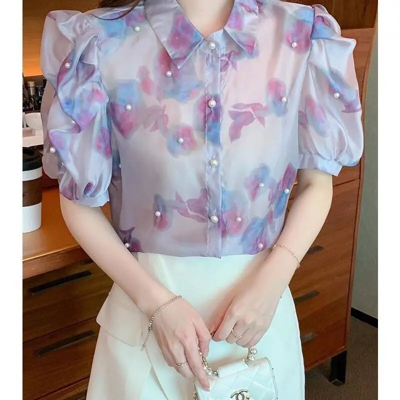 Heavy Craft Beaded Chiffon Blouse Summer New Style Slimming Floral Women's Sweet Top