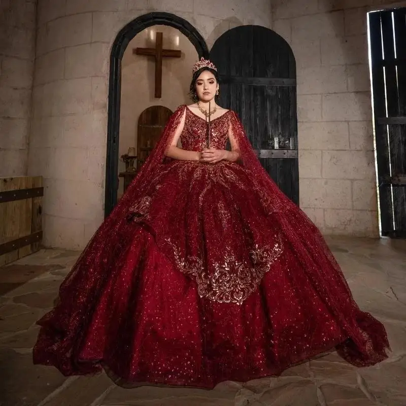 

Luxury Red Shiny Ball Gown Quinceanera Dresses Appliques Lace Beads With Cape Formal Prom Graduation Gowns Lace Up Sweet 15 16