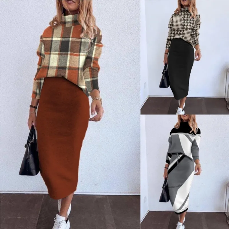 Autumn Winter Elegant Turtleneck T Shirt With Skirt Two Piece Sets For Women Fashion Long Sleeve Print T Shirts+pencil Dress Set