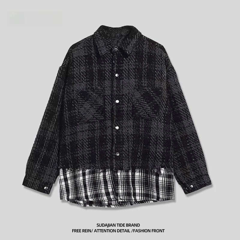 

Модная вязаная куртка в клетку в стиле Ins для мужчин, повседневная, с элементами пэчворка, дышащая, из полиэфирного волокна