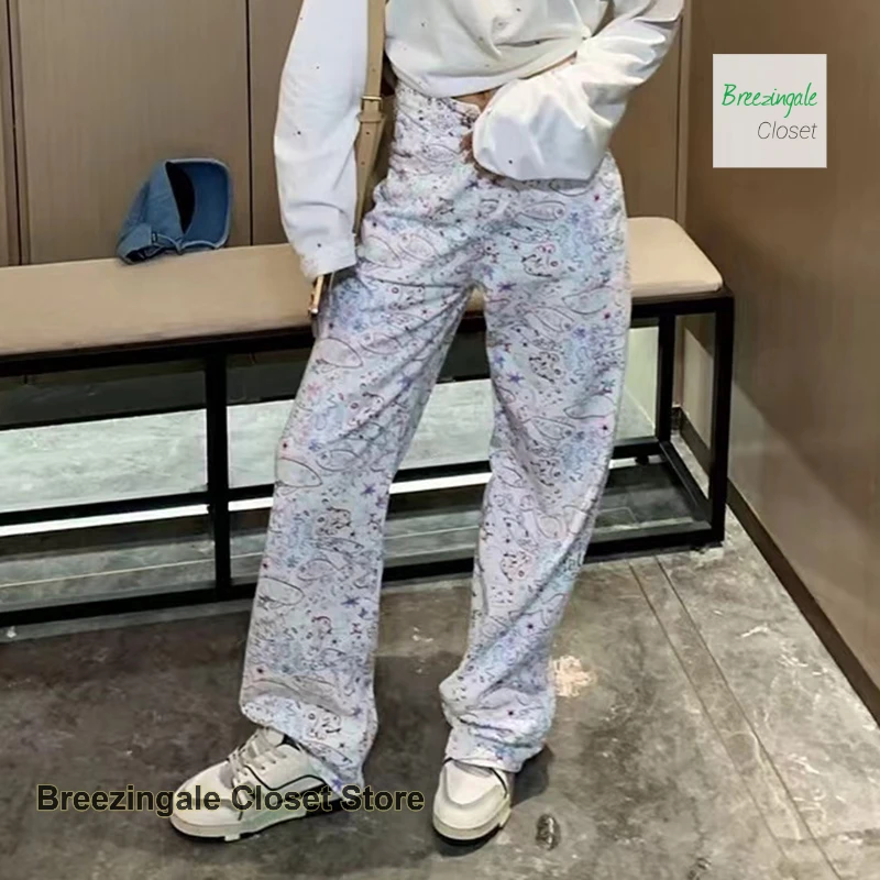 American ins graffiti full printed flower jeans women's spring and summer new fashion design high waist loose wide-leg pants