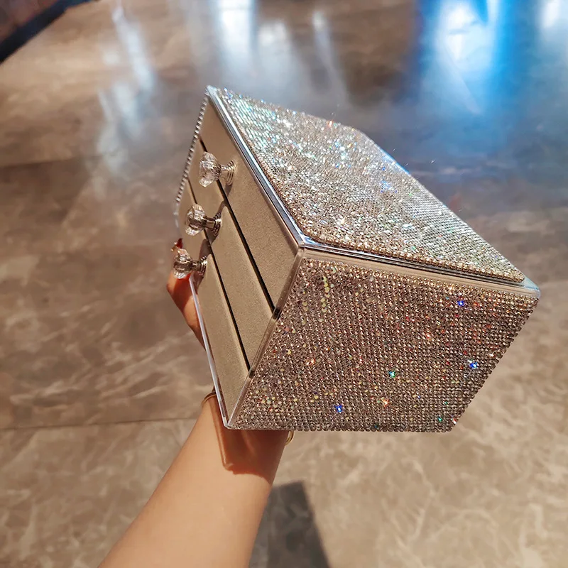 Luxury Diamond Drawer Jewelry Box Women Three Layers Large Capacity Cosmetics Storage Bags Necklace Earring Ring Pouch ﻿