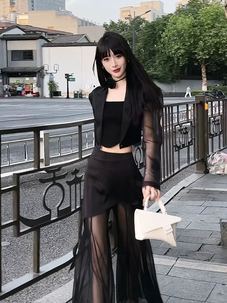 Korean Simple High Waist Hollow Out Black Pants+ Y2k E-Girl Slim Fit Mesh Long Sleeve Tops Women  Grunge Two Piece Sets