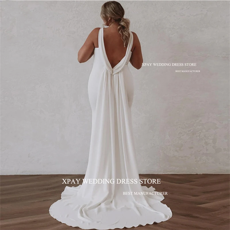 XPAY Simple Stretch Satin Mermaid Wedding Dresses Boho Detachable Train Deep V Neck Crepe Plain Backless Country Bridal Gowns