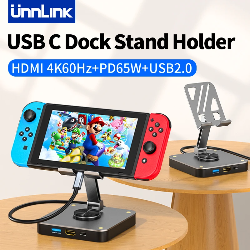 

Док-станция Unnlink USB C для Nintendo Switch Rog Type C на 4K 60 Гц, HDMI, телефона, планшета, складная подставка, держатель телефона на ТВ-концентратор