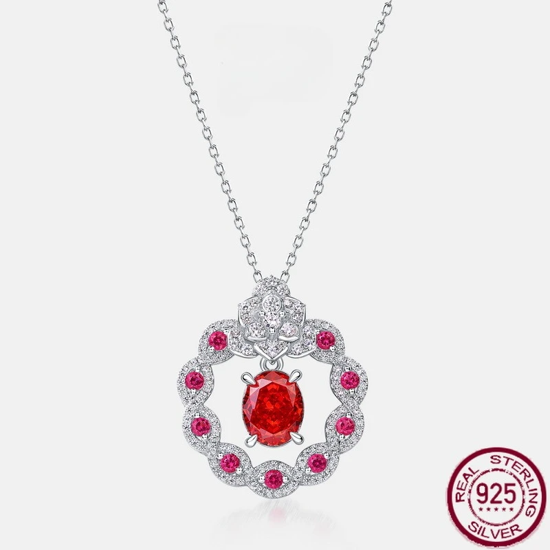 

New S925 Pure Silver Diamond Set Chinese Red High Carbon Diamond Necklace Fashion European and American Wedding Jewelry