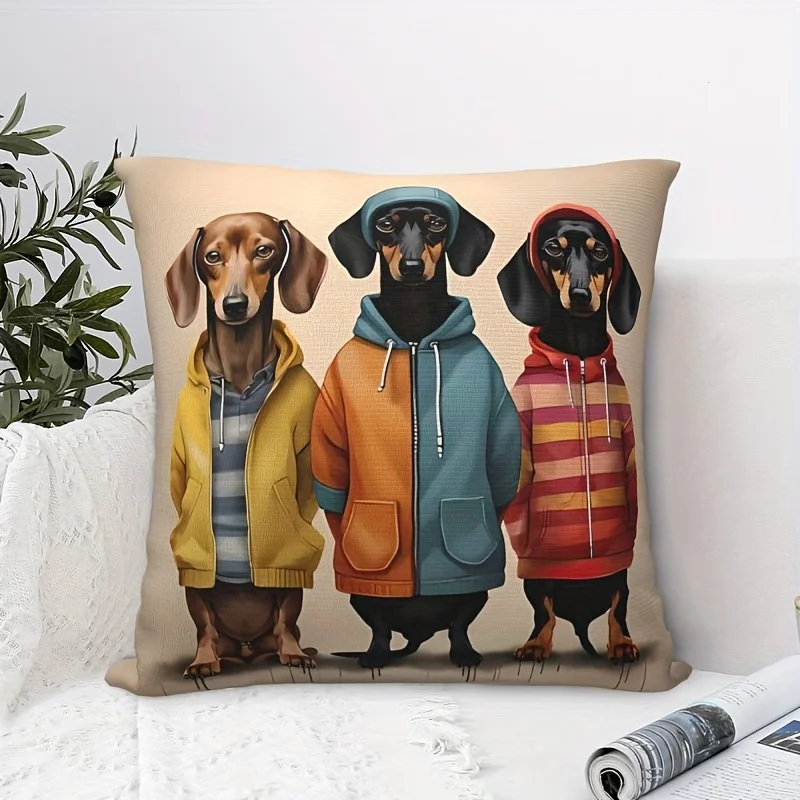 2D flat- Cute Dachshund Dogs in Hoodies Throw Pillow Cover Decorative Linen Cushion Case for Home Sofa Bedroom