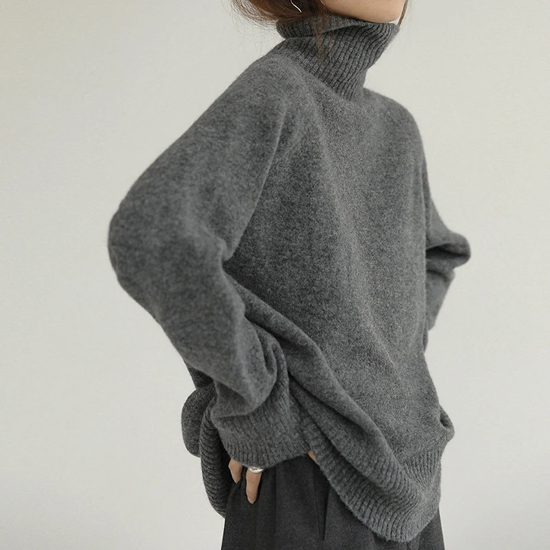 

Grey Turtleneck Women's Pullover Sweater Loose Languid Style 2022 New Autumn Winter Cashmere Thick Long Sleeve Knit