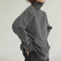 Grey Turtleneck Women's Pullover Sweater Loose Languid Style 2022 New Autumn Winter Cashmere Thick Long Sleeve Knit