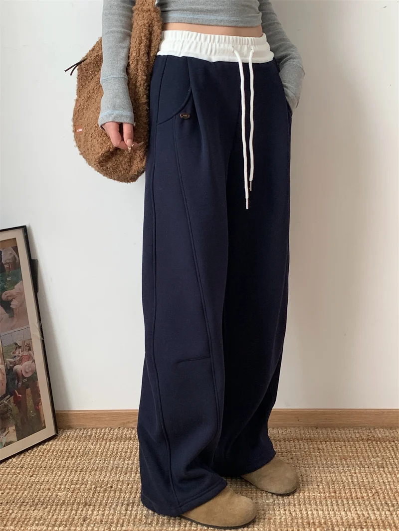Korean Style High Waist Fleece Lined Loose Fit Sweatpants Color Block Paper Bag Trousers Casual Bend Knife Pants Women - view 2