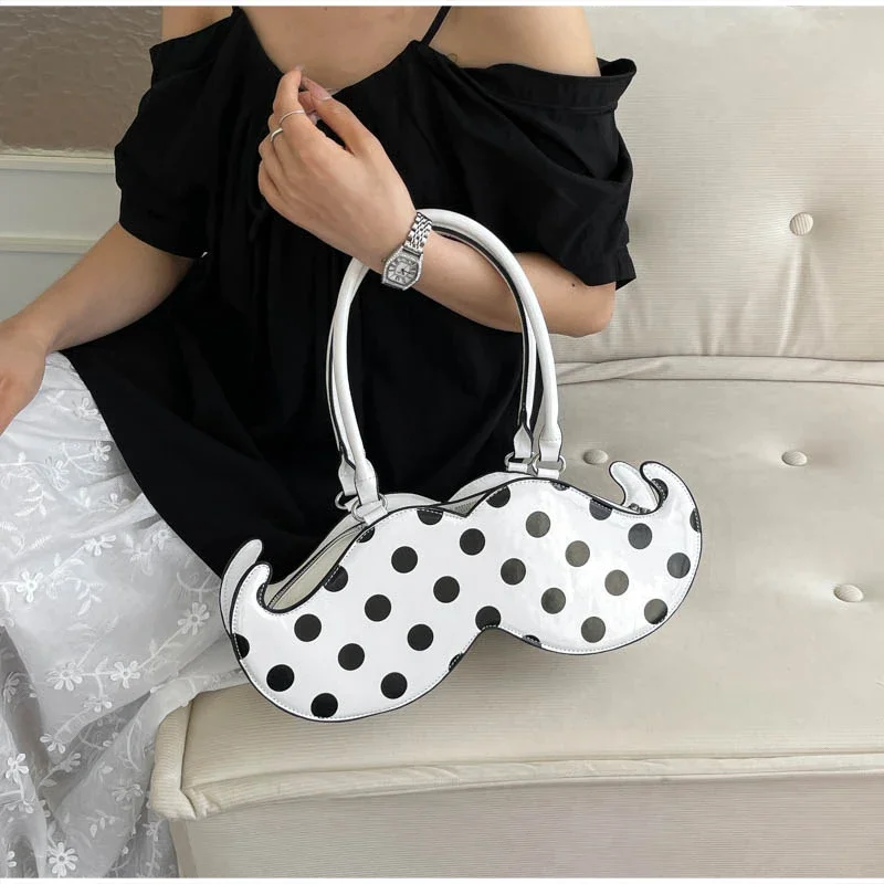 Mustache Shape Polka Dot Hobo Schultertasche, süße, niedliche, ausgefallene, kreative Handtasche für Damen, leichte Alltagstasche im Nischendesign – Detail 18