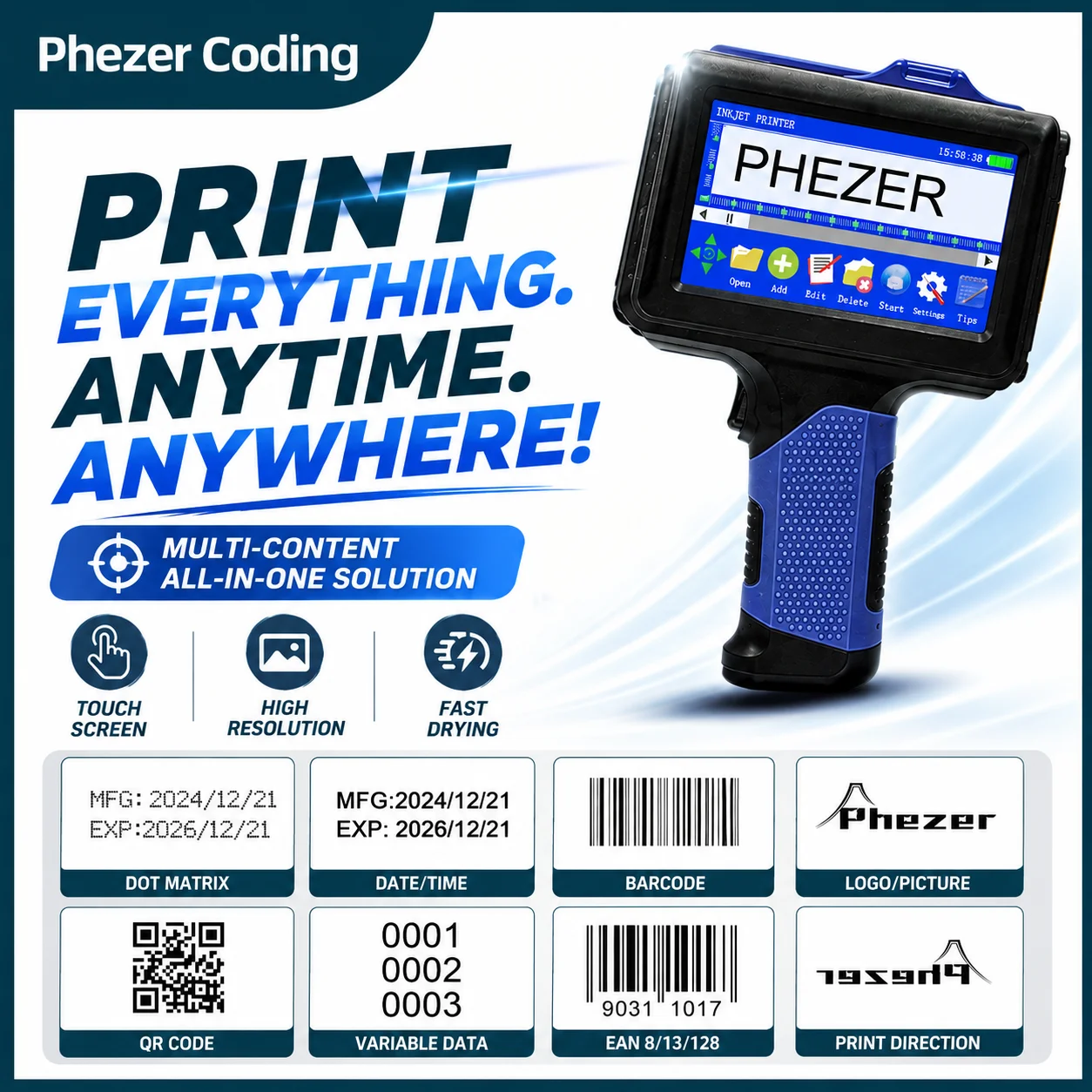 Phezer P19 Handheld Printer 12.7mm Inkjet Coder for T-Shirt Marking Batch Lot Codes QR Bar Codes Expiry Date Logo Printing