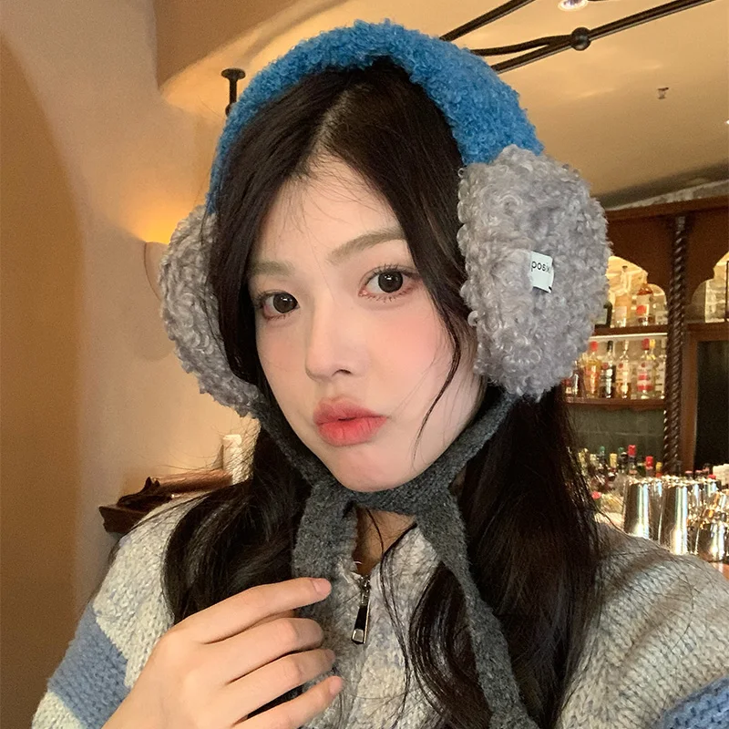 Niche Korean Version of Color Matching Lamb Wool Earmuffs Winter Warm Cycling Ear Protectors Lace-up Fashion Headband for Women