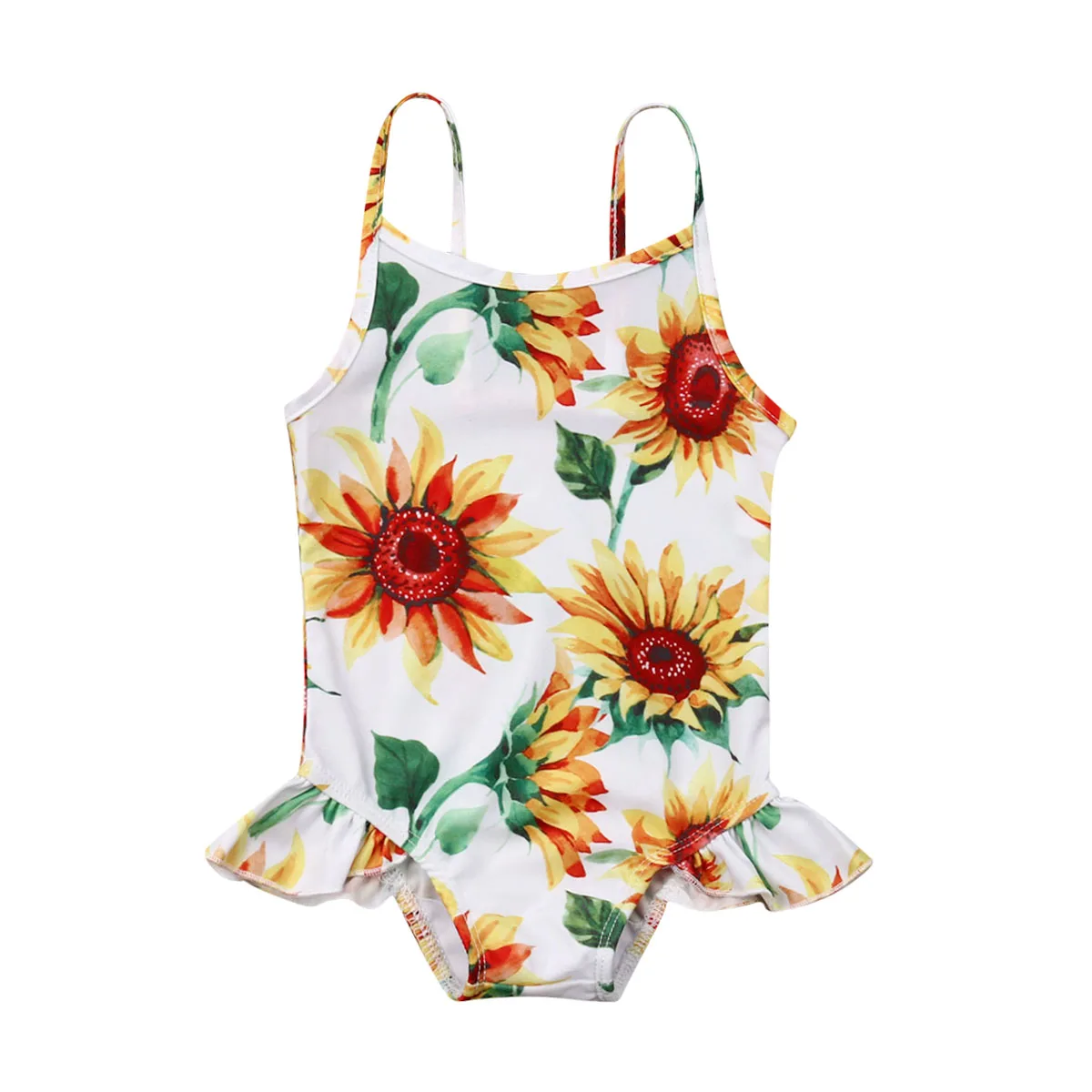 

Baby Girls Sweet Swimsuits Sunflower Print Sleeveless Ruffles Swimwear Beachwear Bathing Suit