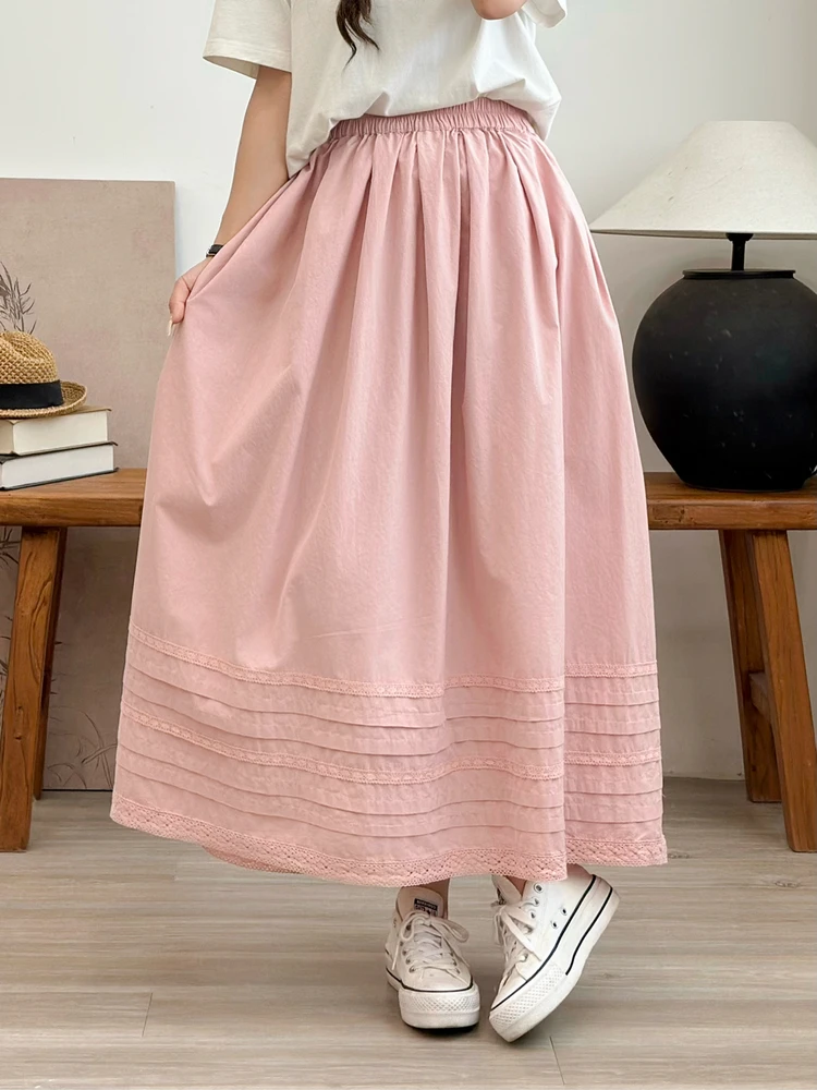 レトロな芸術的な純綿レーストリムスプライシングミディスカート女性の夏の新しいSle Ele中空花柄fボディスカート