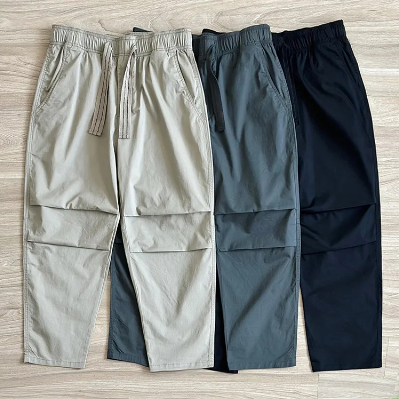 

97% Cotton Washed Workwear Pants for Men Spring Summer Pleated Casual Loose Straight Trousers American Youth Male Elastic Waist