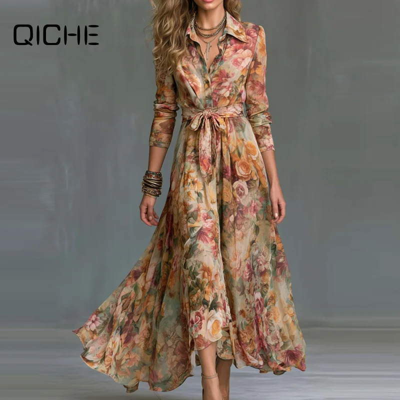 QICHE 2026 European Style Women Long Sleeve Dress, Lapel Collar Digital Print Maxi Dress With Waist Tie