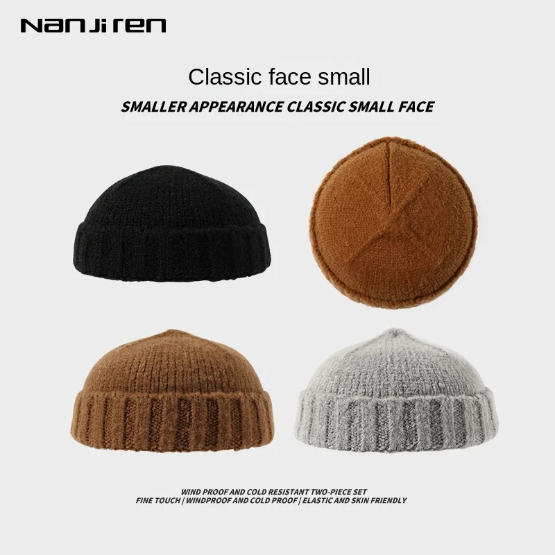 Sweater Hat Men's Winter Knit Melon Skin Hat Day Dome Head Round Street Landlord Yuppie Hat Black Hat