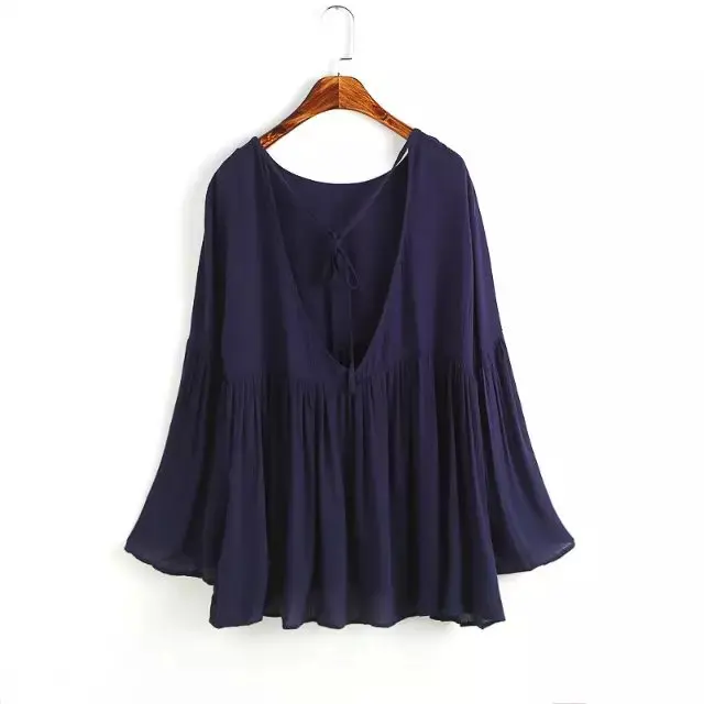 Summer Autumn women cotton linen long sleeve shirts, Flare sleeve linen blouse,deep V sexy blusas plus size vintage shirts view 2