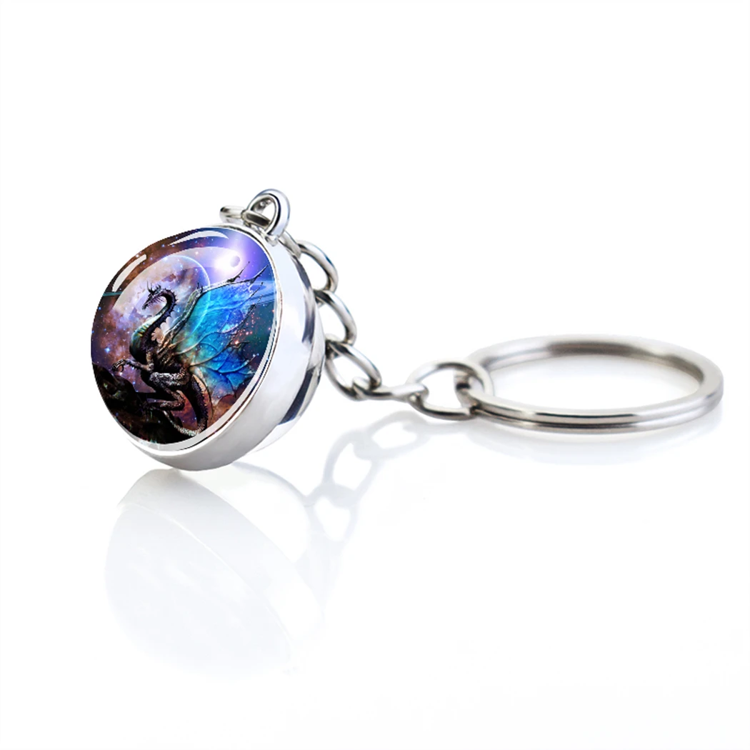 Winged Dragon Keychain Night Starry Sky Pattern Forest Under The Moon Double Sided Glass Ball Pendant Neutral Decoration Gift