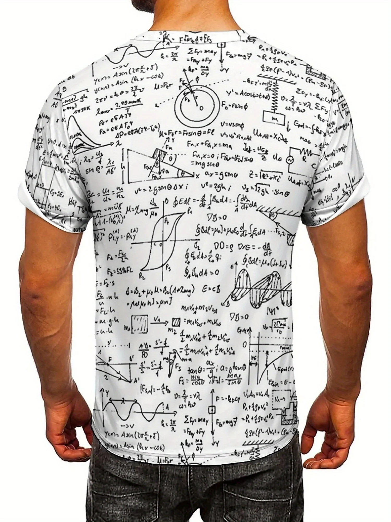 Men's 3D Geometric Print Short Sleeve T-Shirt - Soft Polyester Fabric, Round Neck, White with Black & Gray Formula Design